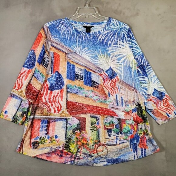 Ali Miles Top Womens XL US Flag Fireworks 3/4 Sleeve Art to Wear Americana Boho - Picture 1 of 7